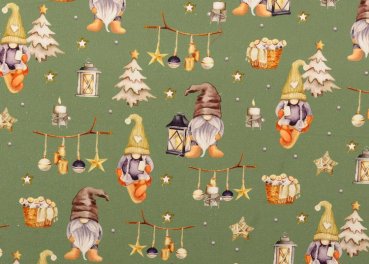 Elves and Laterns green christmas fabric cotton poplin